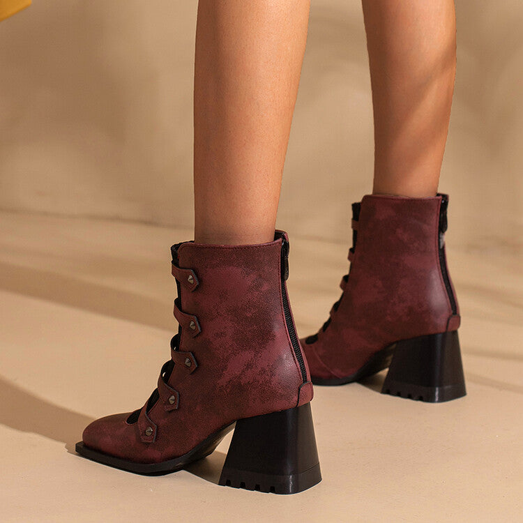 Women's Embossed Leather Rivets Block Heel Short Boots