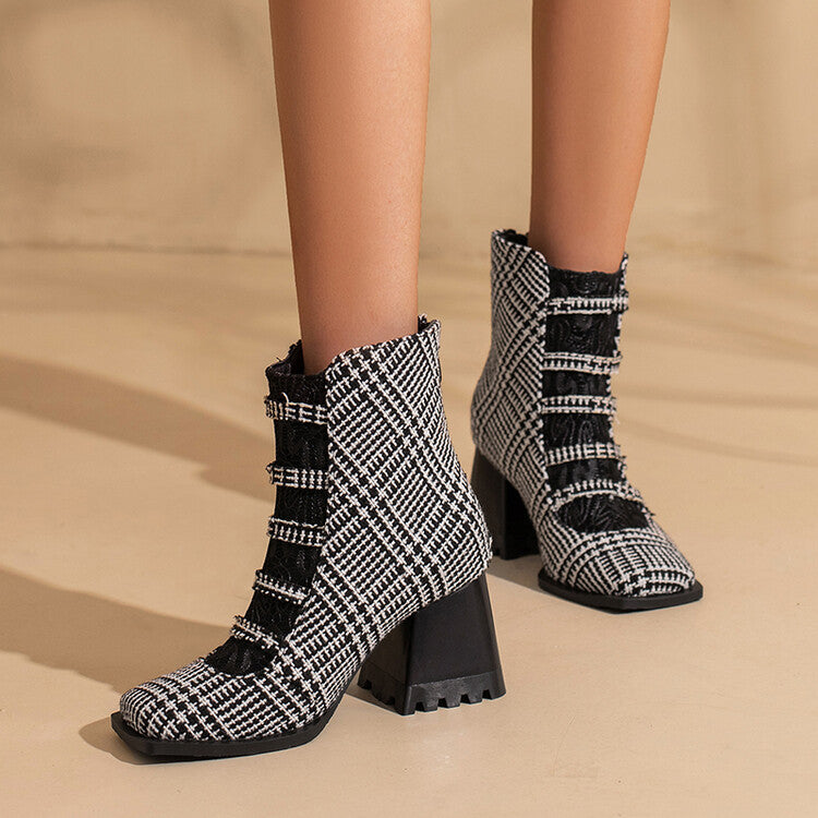 Women's Embossed Leather Rivets Block Heel Short Boots