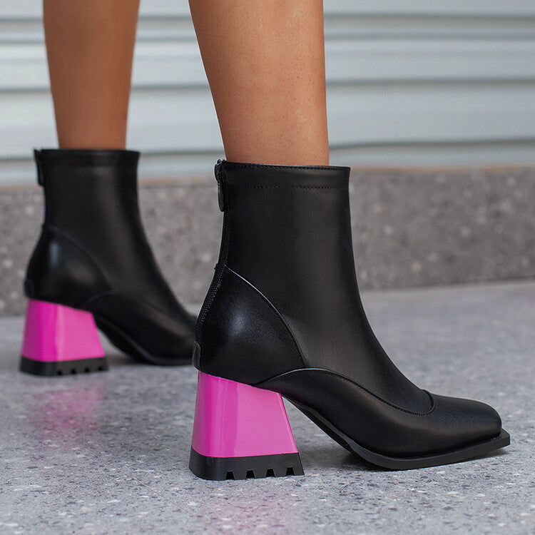 Women's Bicolor Square Toe Block Heel Short Boots