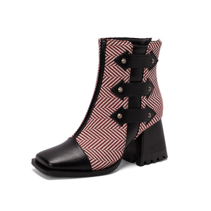 Women's Snake Printed Patchwork Block Heel Short Boots