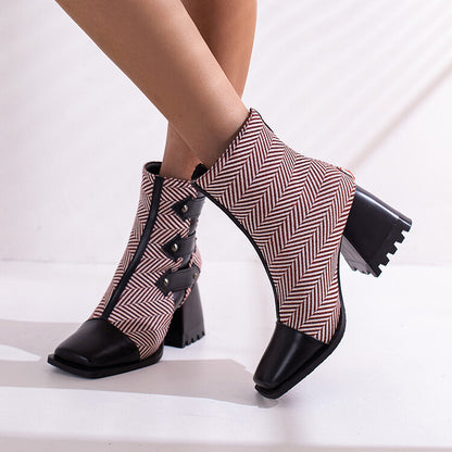 Women's Snake Printed Patchwork Block Heel Short Boots