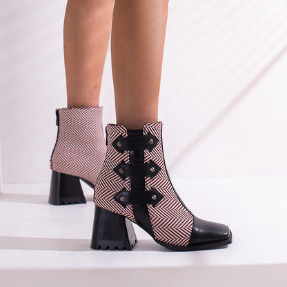 Women's Snake Printed Patchwork Block Heel Short Boots