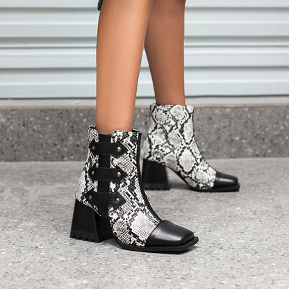 Women's Snake Printed Patchwork Block Heel Short Boots