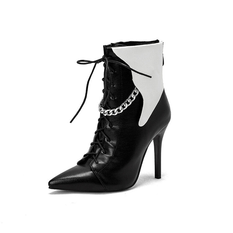 Women's Bicolor Pointed Toe Lace Up Metal Chains Stiletto Heel Short Boots
