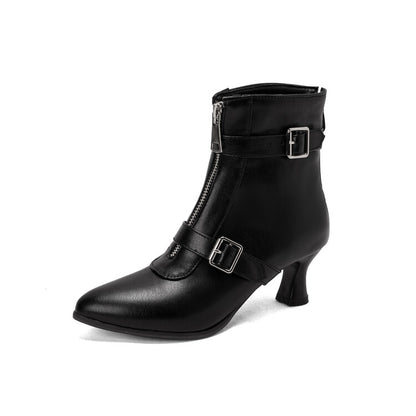 Women's Pointed Toe Zippers Buckle Straps Kitten Heel Short Boots