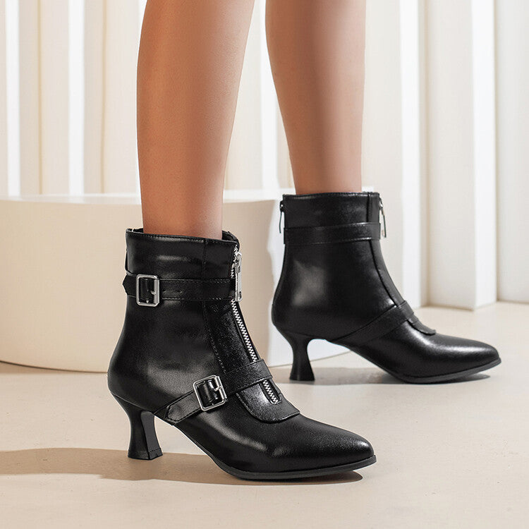 Women's Pointed Toe Zippers Buckle Straps Kitten Heel Short Boots