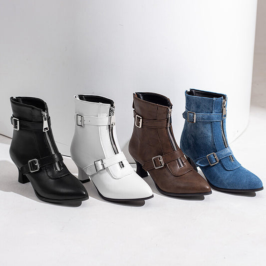 Women's Pointed Toe Zippers Buckle Straps Kitten Heel Short Boots