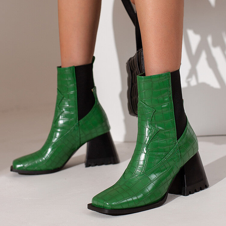 Women's Crocodile Pattern Square Toe Elastic Band Block Heel Short Boots