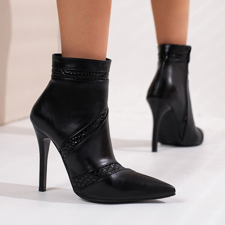 Women's Pointed Toe Patchwork Side Zippers Stiletto Heel Short Boots