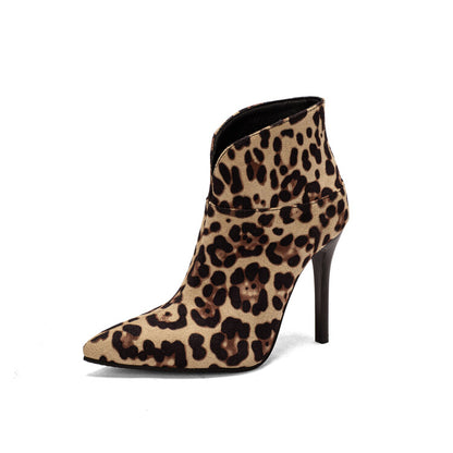 Women's Embossed Leather Leopard Print Pointed Toe Stiletto Heel Short Boots