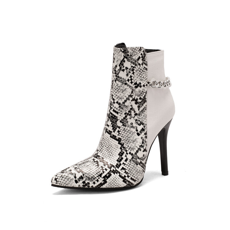 Women's Printed Patchwork Pointed Toe Metal Chains Stiletto Heel Short Boots