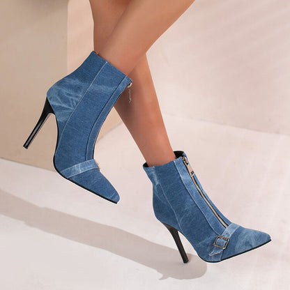 Women's Crocodile Pattern Pointed Toe Buckle Zippers Stiletto Heel Short Boots