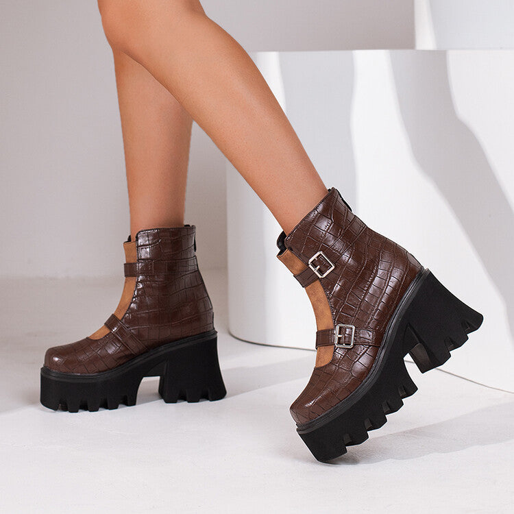 Women's Embossed Leather Buckle Straps Block Heel Platform Short Boots