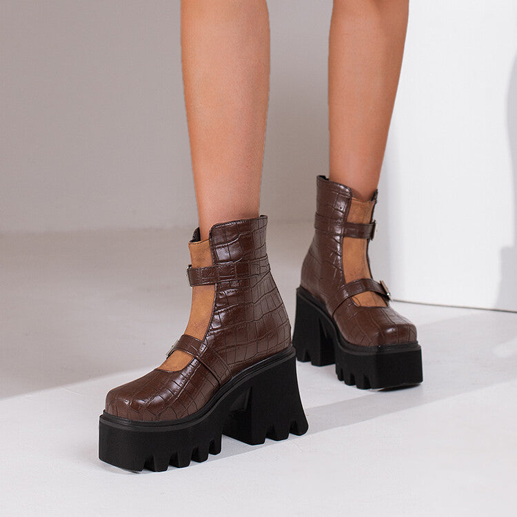 Women's Embossed Leather Buckle Straps Block Heel Platform Short Boots