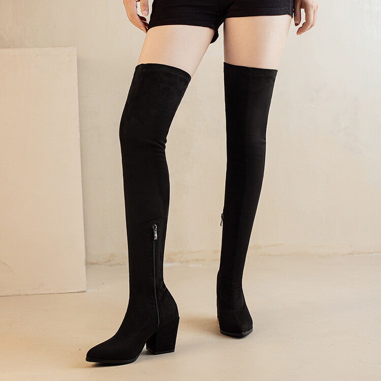 Women's Suede Pointed Toe Side Zippers Over The Knee Block Heel Boots