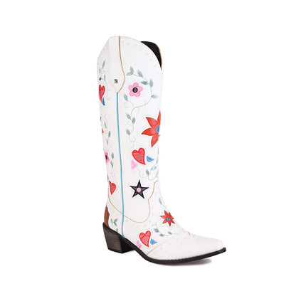 Women's Ethnic Love Hearts  Printed Low Heels Cowboy Mid Calf Boots