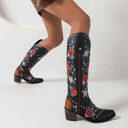 Women's Ethnic Love Hearts  Printed Low Heels Cowboy Mid Calf Boots