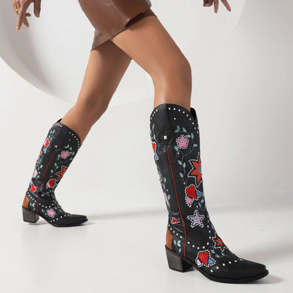 Women's Ethnic Love Hearts  Printed Low Heels Cowboy Mid Calf Boots