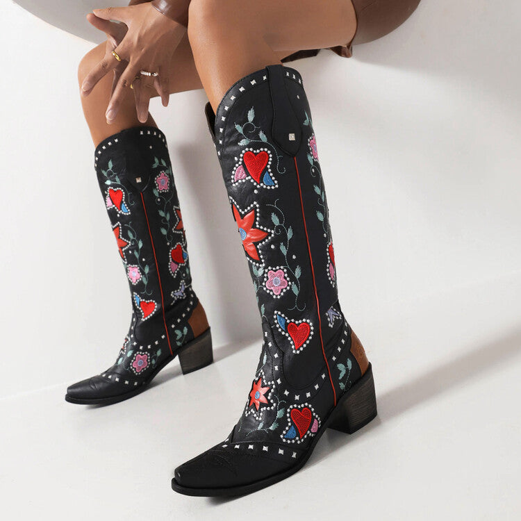 Women's Ethnic Love Hearts  Printed Low Heels Cowboy Mid Calf Boots