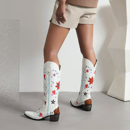 Women's Ethnic Love Hearts  Printed Low Heels Cowboy Mid Calf Boots