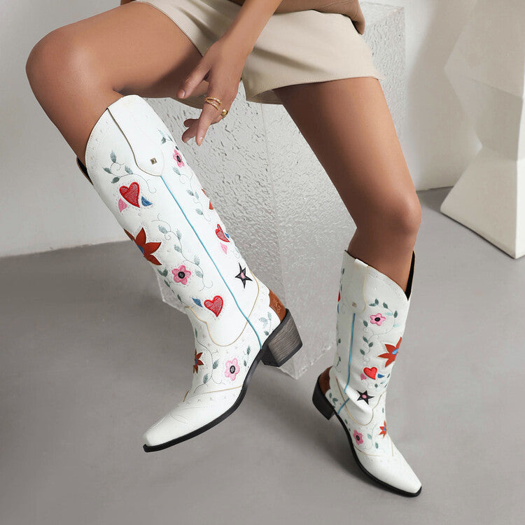 Women's Ethnic Love Hearts  Printed Low Heels Cowboy Mid Calf Boots