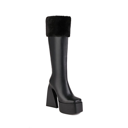 Women's Square Toe Triangle Heel Platform Knee High Boots