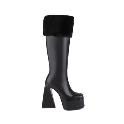 Women's Square Toe Triangle Heel Platform Knee High Boots