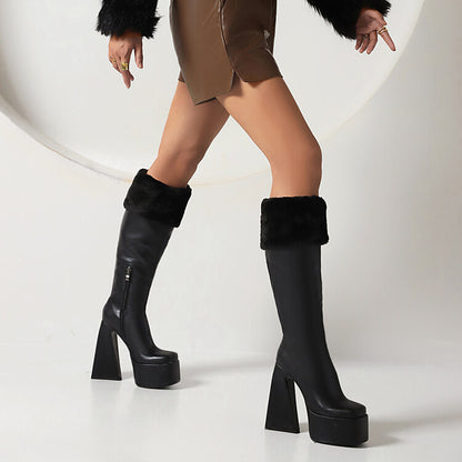 Women's Square Toe Triangle Heel Platform Knee High Boots