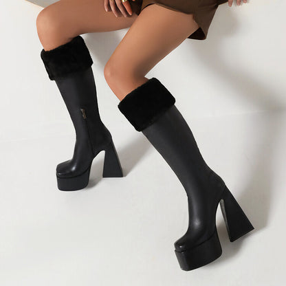 Women's Square Toe Triangle Heel Platform Knee High Boots