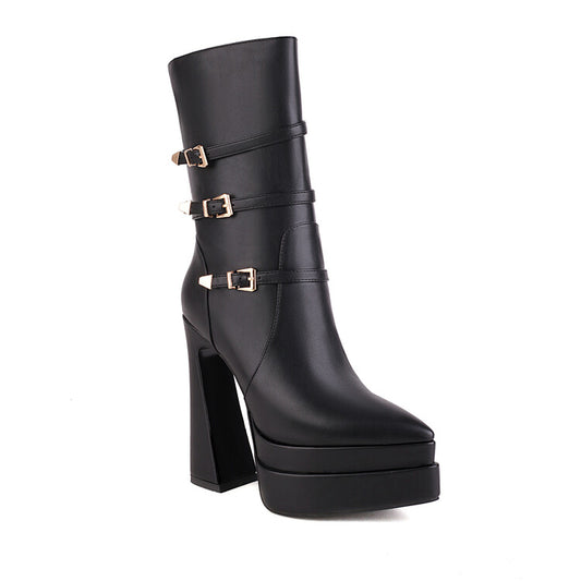 Women's Pointed Toe Buckle Straps Side Zippers Spool Heel Platform Mid Calf Boots
