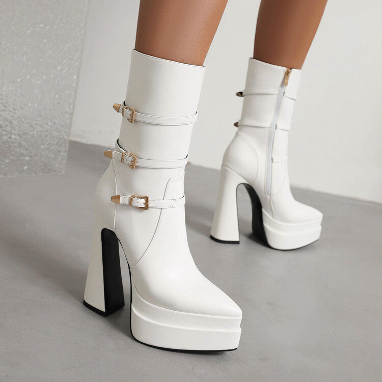 Women's Pointed Toe Buckle Straps Side Zippers Spool Heel Platform Mid Calf Boots