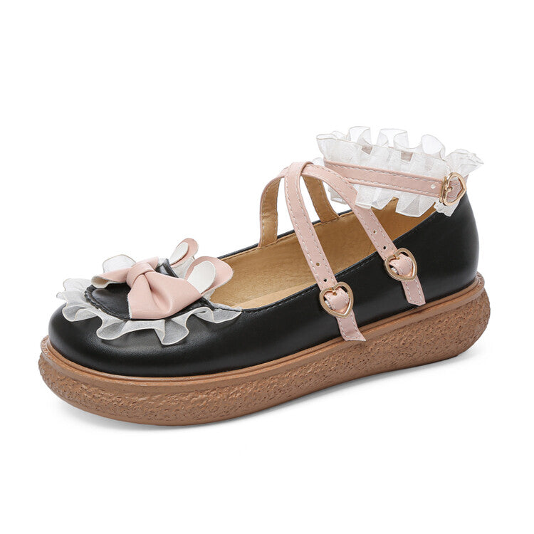 Women's Lolita Bowties Knot Crossed Lace Straps Flats Shoes