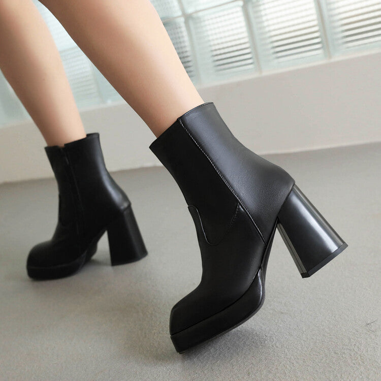 Women's Square Toe Side Zippers Block Heel Platform Short Boots