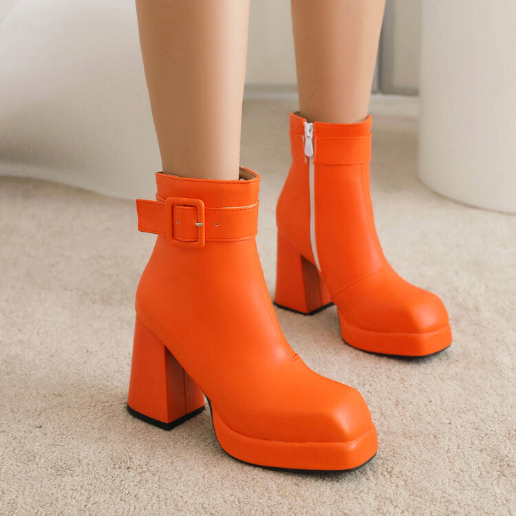 Women's Square Toe Buckle Side Zippers Block Heel Platform Short Boots