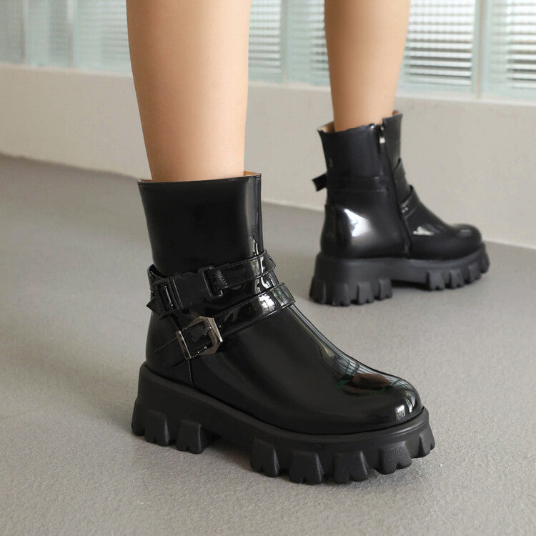 Women's Glossy Buckle Straps Block Heel Side Zippers Platform Short Boots