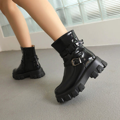 Women's Glossy Buckle Straps Block Heel Side Zippers Platform Short Boots