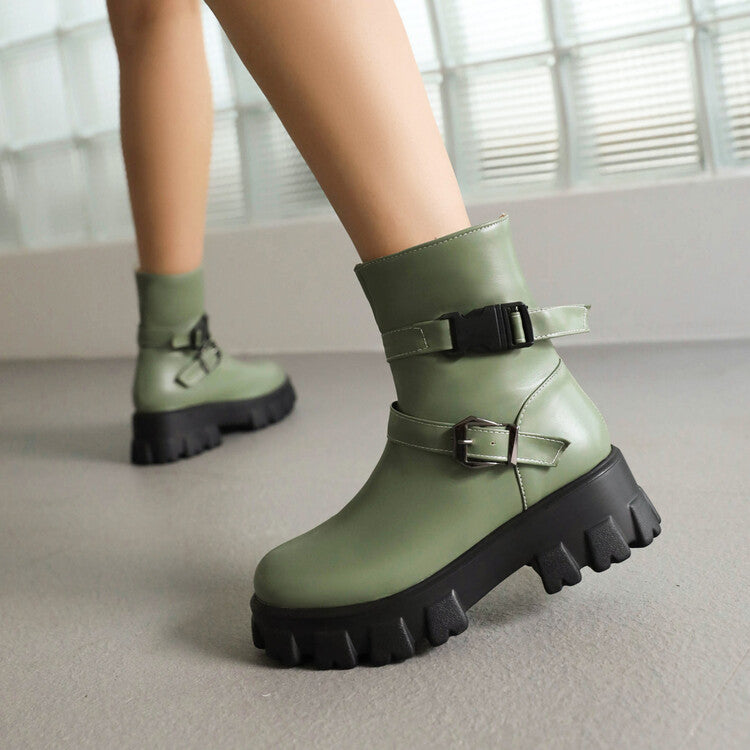Women's Glossy Buckle Straps Block Heel Side Zippers Platform Short Boots