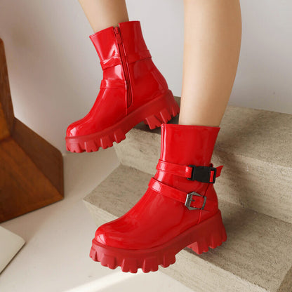 Women's Glossy Buckle Straps Block Heel Side Zippers Platform Short Boots