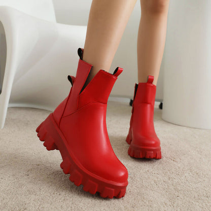 Women's Pu Leather Round Toe Stitch Block Heel Platform Short Boots