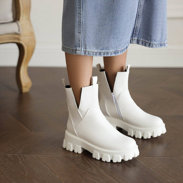 Women's Pu Leather Round Toe Stitch Block Heel Platform Short Boots