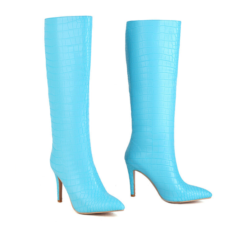 Women's Glossy Pointed Toe Stiletto Heel Knee High Boots