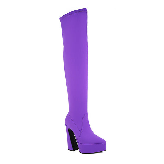 Women's Stretch Pointed Toe Spool Heel Platform Over the Knee Boots
