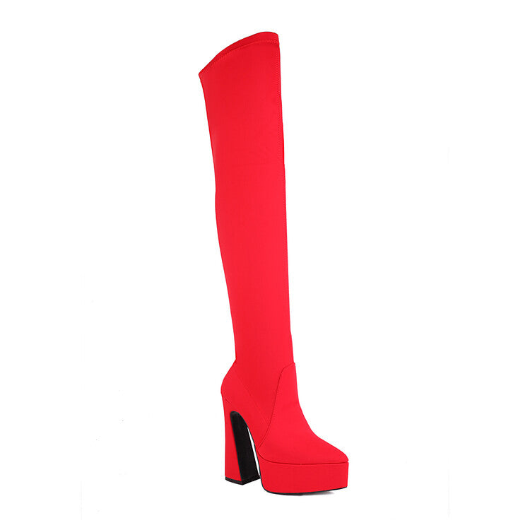 Women's Stretch Pointed Toe Spool Heel Platform Over the Knee Boots