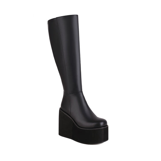 Women's Pu Leather Round Toe Side Zippers Wedge Heel Platform Knee High Boots