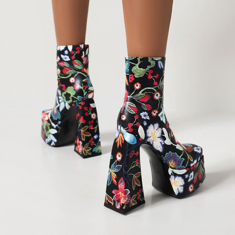 Women's Pu Leather Square Toe Flora Printed Triangle Heel Platform Short Boots