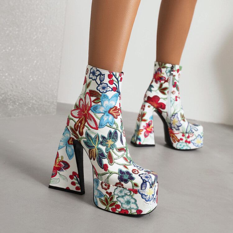 Women's Pu Leather Square Toe Flora Printed Triangle Heel Platform Short Boots