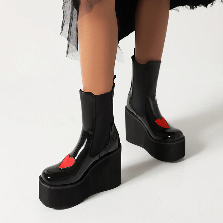 Women's Pu Leather Round Toe Love Hearts Stretch Wedge Heel Platform Short Boots