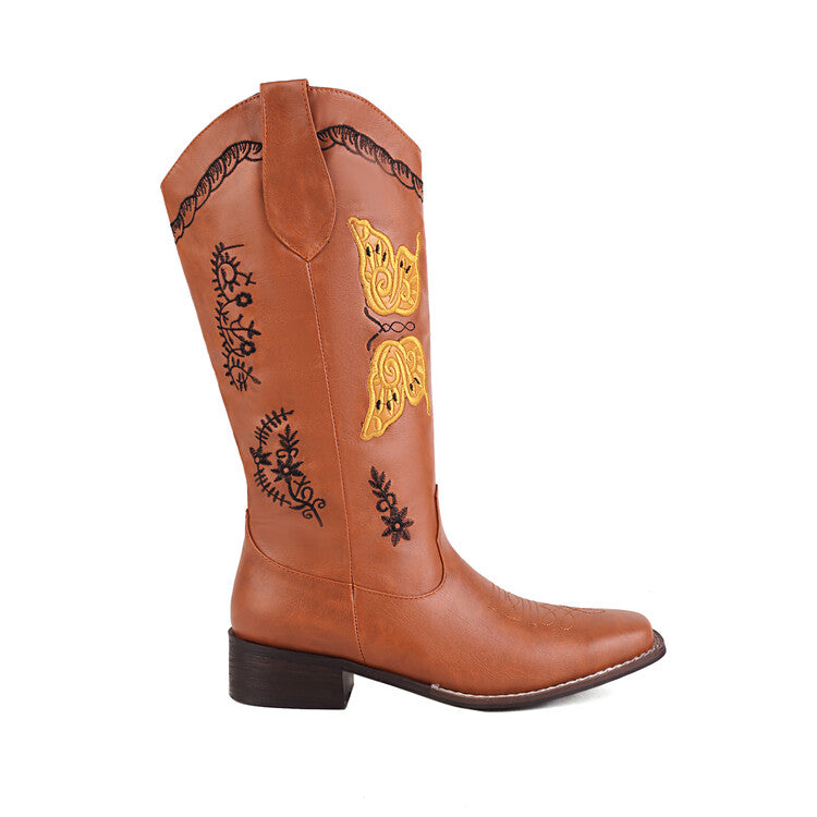 Women's Ethnic Embroidery Low Heels Cowboy Mid Calf Boots