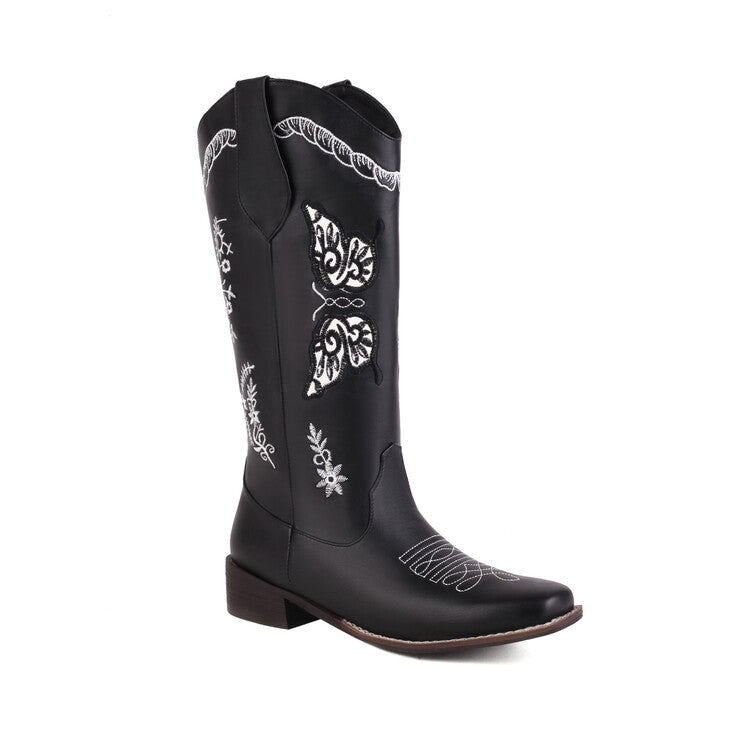 Women's Ethnic Embroidery Low Heels Cowboy Mid Calf Boots