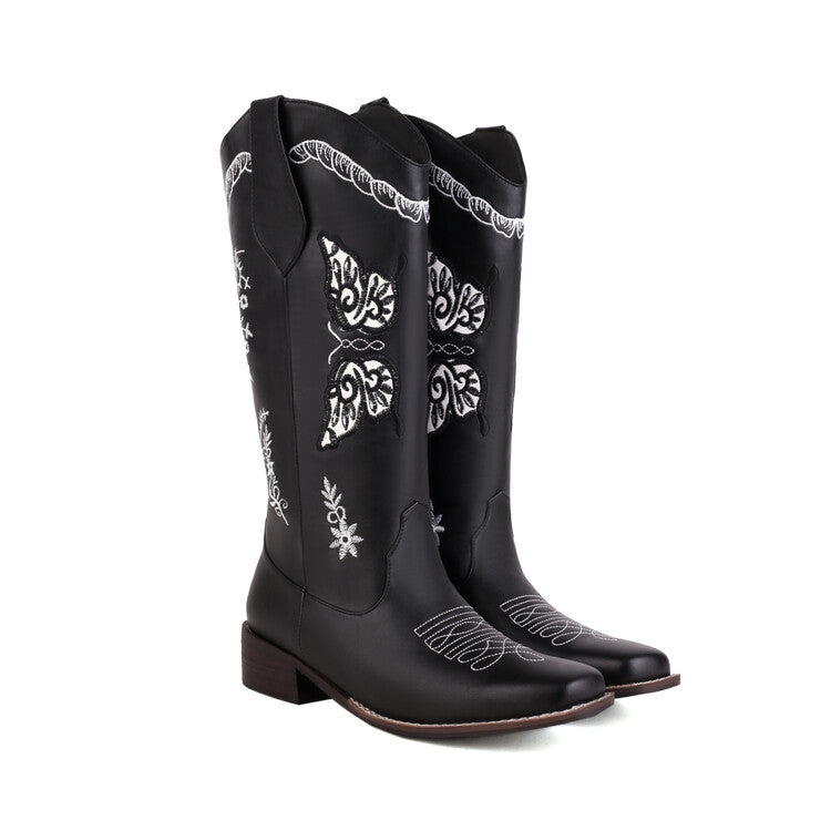 Women's Ethnic Embroidery Low Heels Cowboy Mid Calf Boots